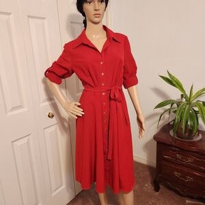 Sharagano Red Button-Front Midi Shirt Dress with Tie Waist